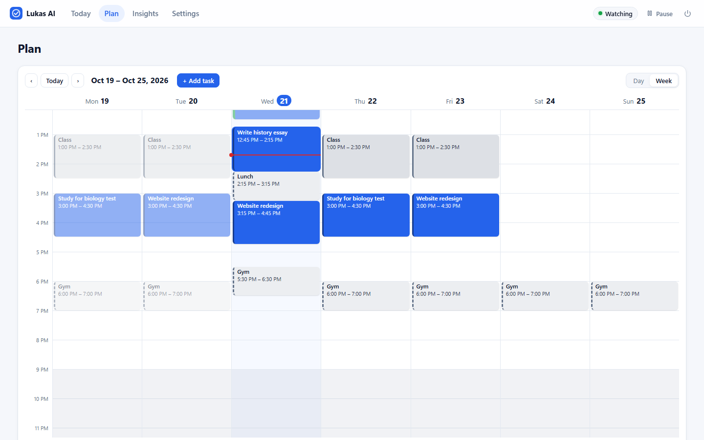 The Plan page: a week calendar with tasks and events you can drag around