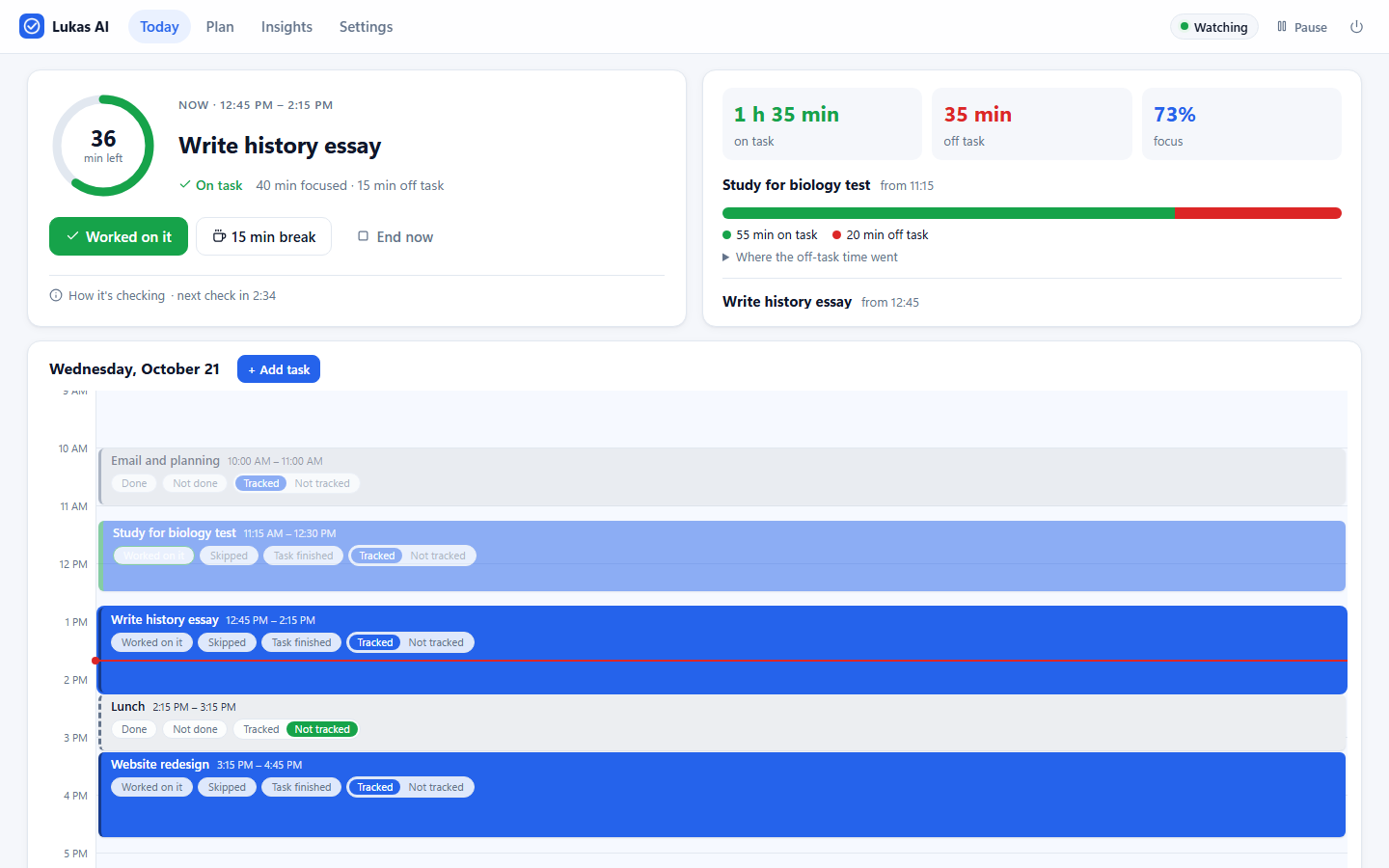 Lukas AI's Today page: the current task with a time-left ring and on-task status, today's focus numbers, and the day's calendar